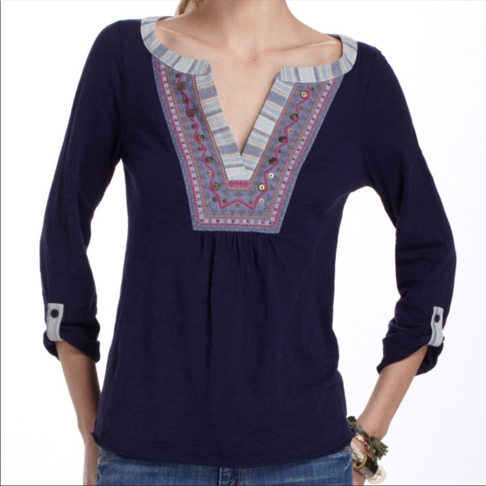 Anthro Meadow Rue navy embroidered beaded v neck